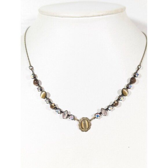 LR Antiqued Gold Tone Cats Eye Cabochon Rhinestone Tennis Chain Necklace Elegant - Picture 1 of 10